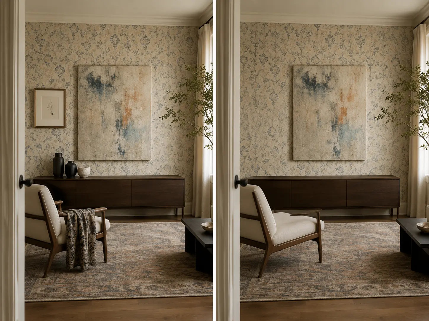 Matched wallpapered rooms before and after removing one secondary artwork, three console objects, and a patterned throw