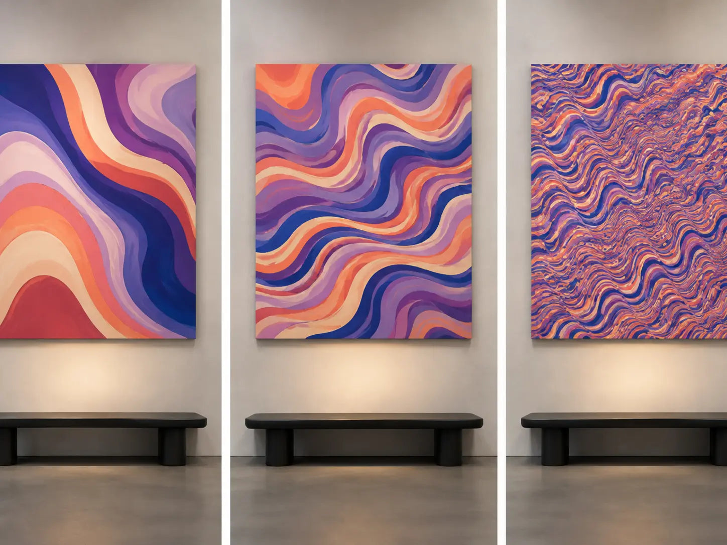 Three original psychedelic abstract canvases at the same size compare broad, medium, and fine internal wave repetition