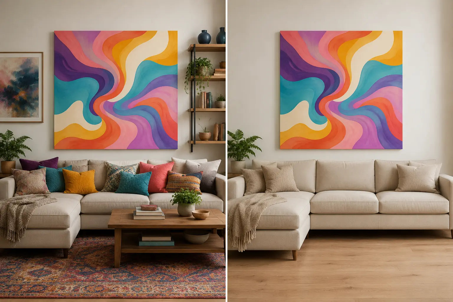 Matched rooms compare the same colorful abstract canvas with many competing patterns and with an edited lower-information sightline
