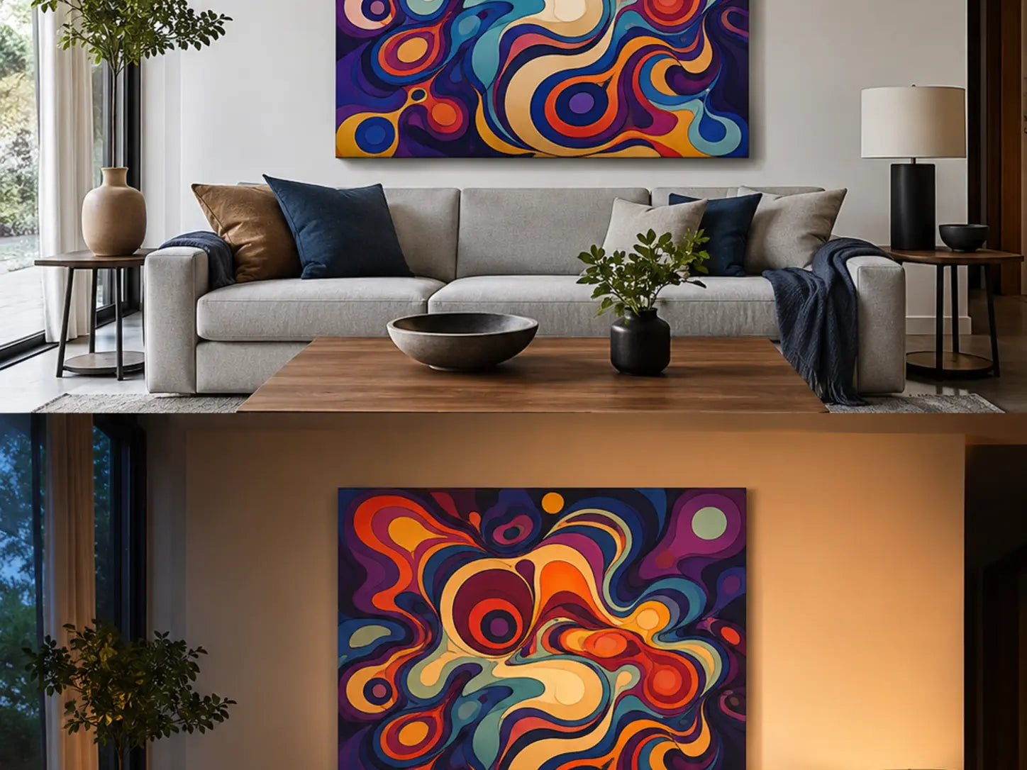 One original psychedelic canvas installation shown in neutral daylight and under ordinary warm evening lamp light
