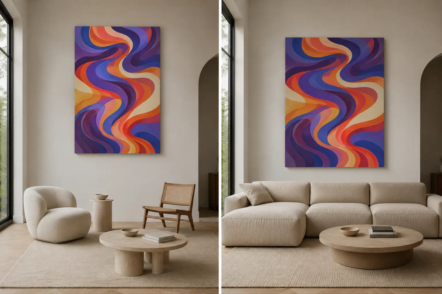 Matched rooms compare one original psychedelic canvas floating above fragmented furniture and held by one substantial sofa group