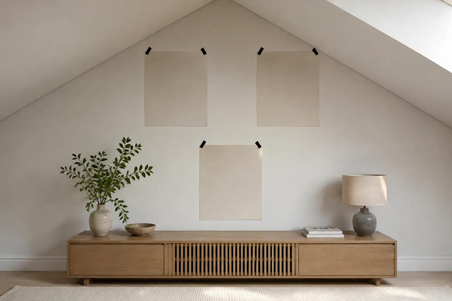 Blank paper templates testing safe artwork positions under a descending sloped ceiling