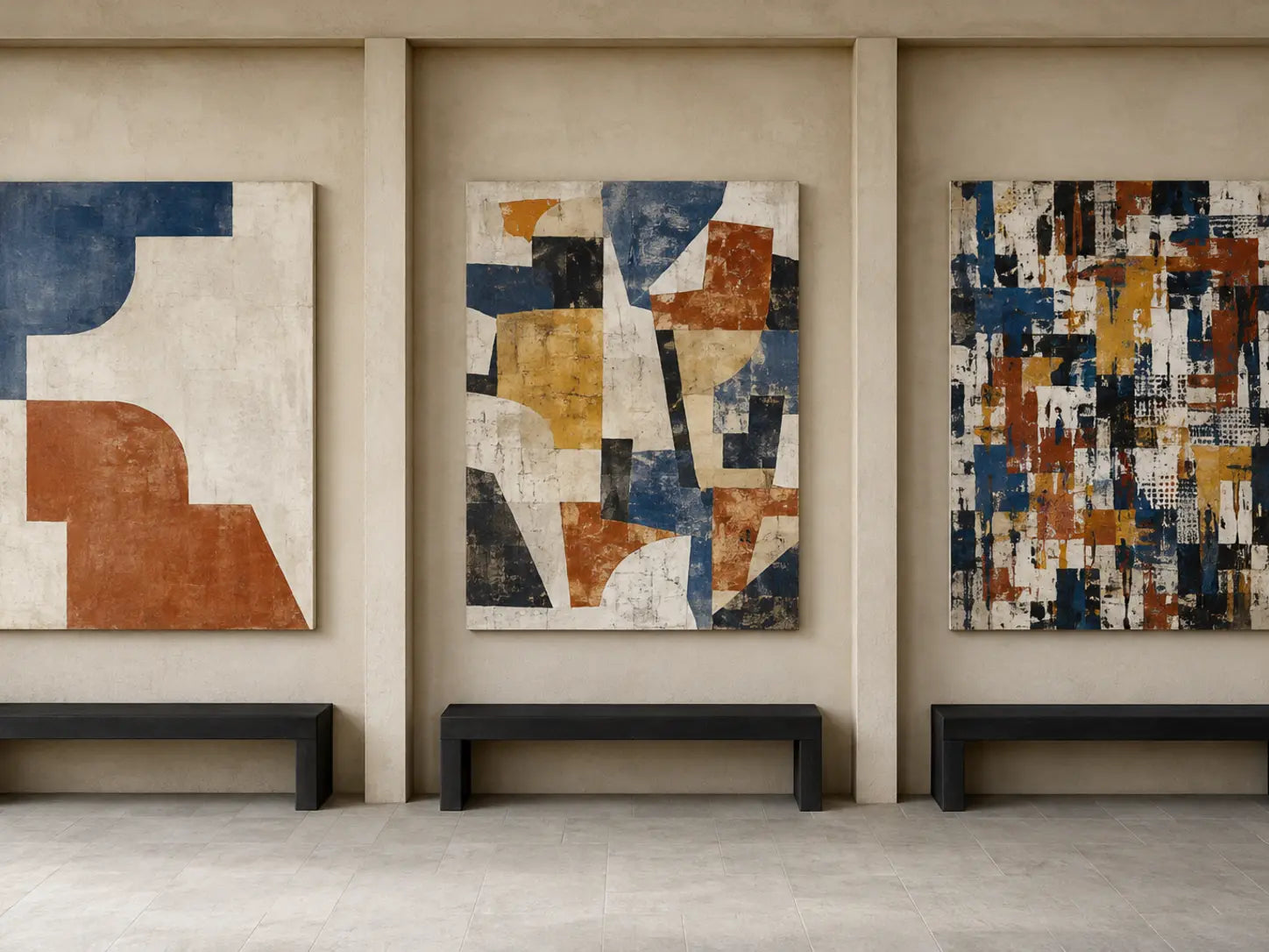 Three equal-size original abstract urban canvases compare low, medium, and high internal mark density in matched wall bays