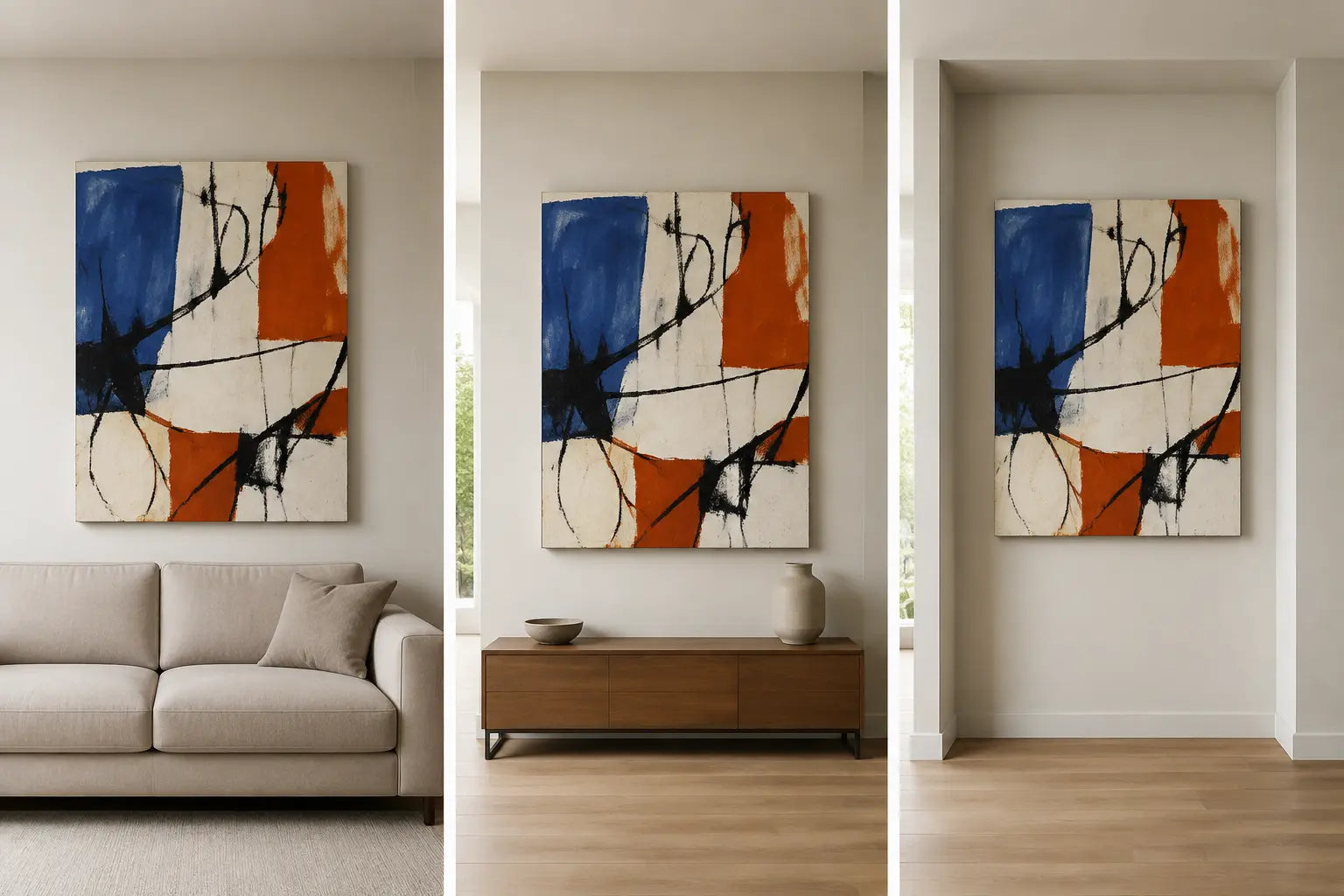Three matched wall studies place one original abstract urban canvas with a sofa, a low console, and a contained architectural bay