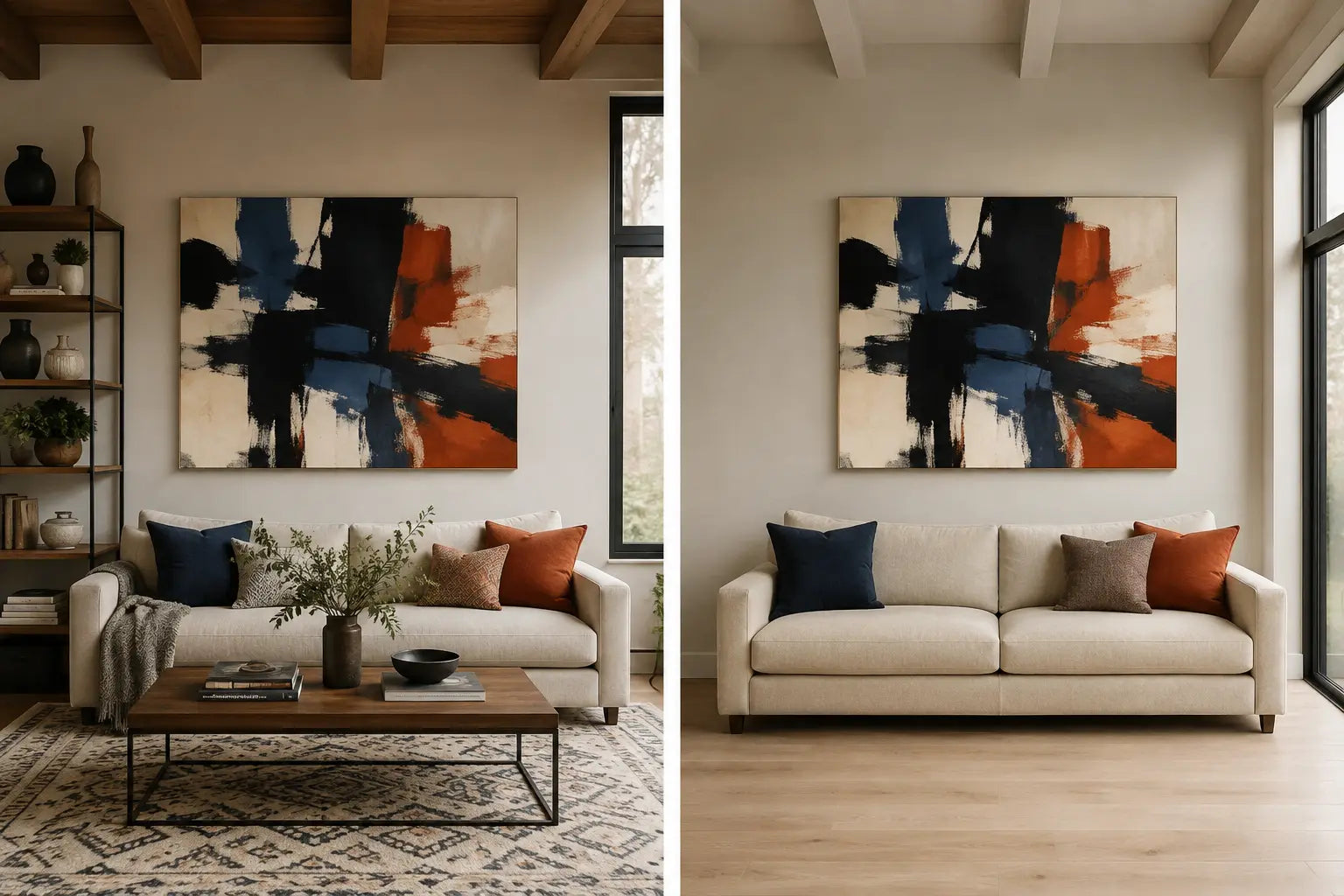 Matched modern rooms compare the same original abstract canvas with a line-rich setting and a quieter edited setting