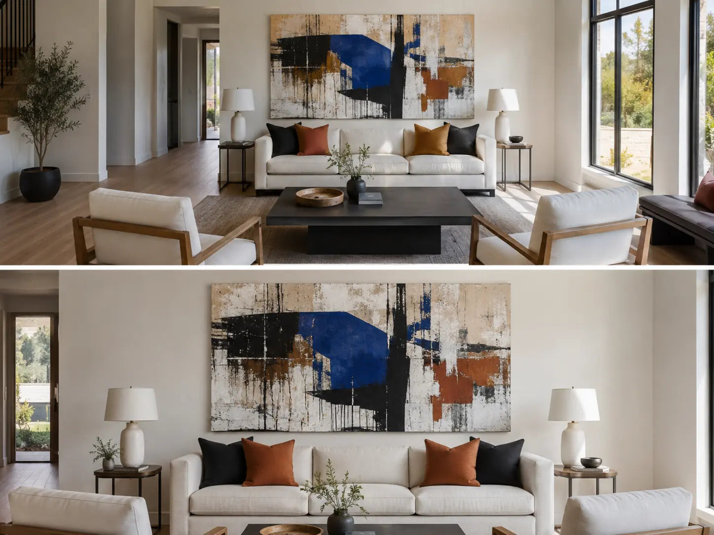 The same original abstract urban canvas shown from a room entrance and from a closer conversational viewing position