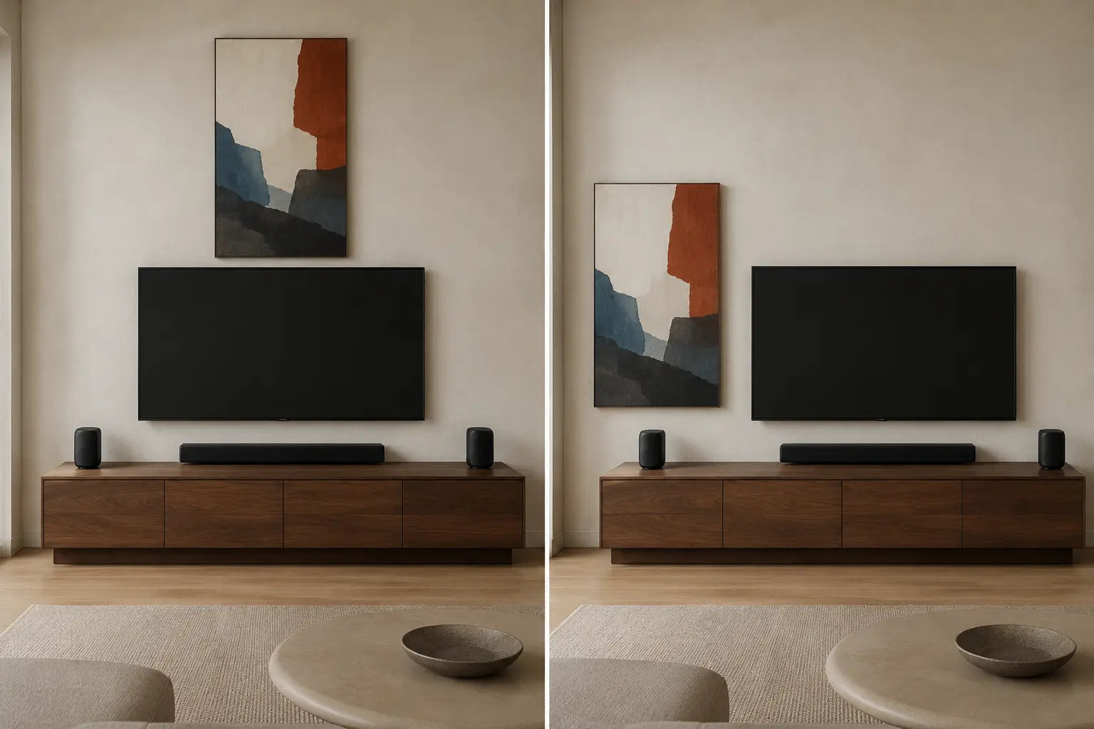 Matched TV walls comparing a canvas crowded above the screen with the same canvas in a separate side field