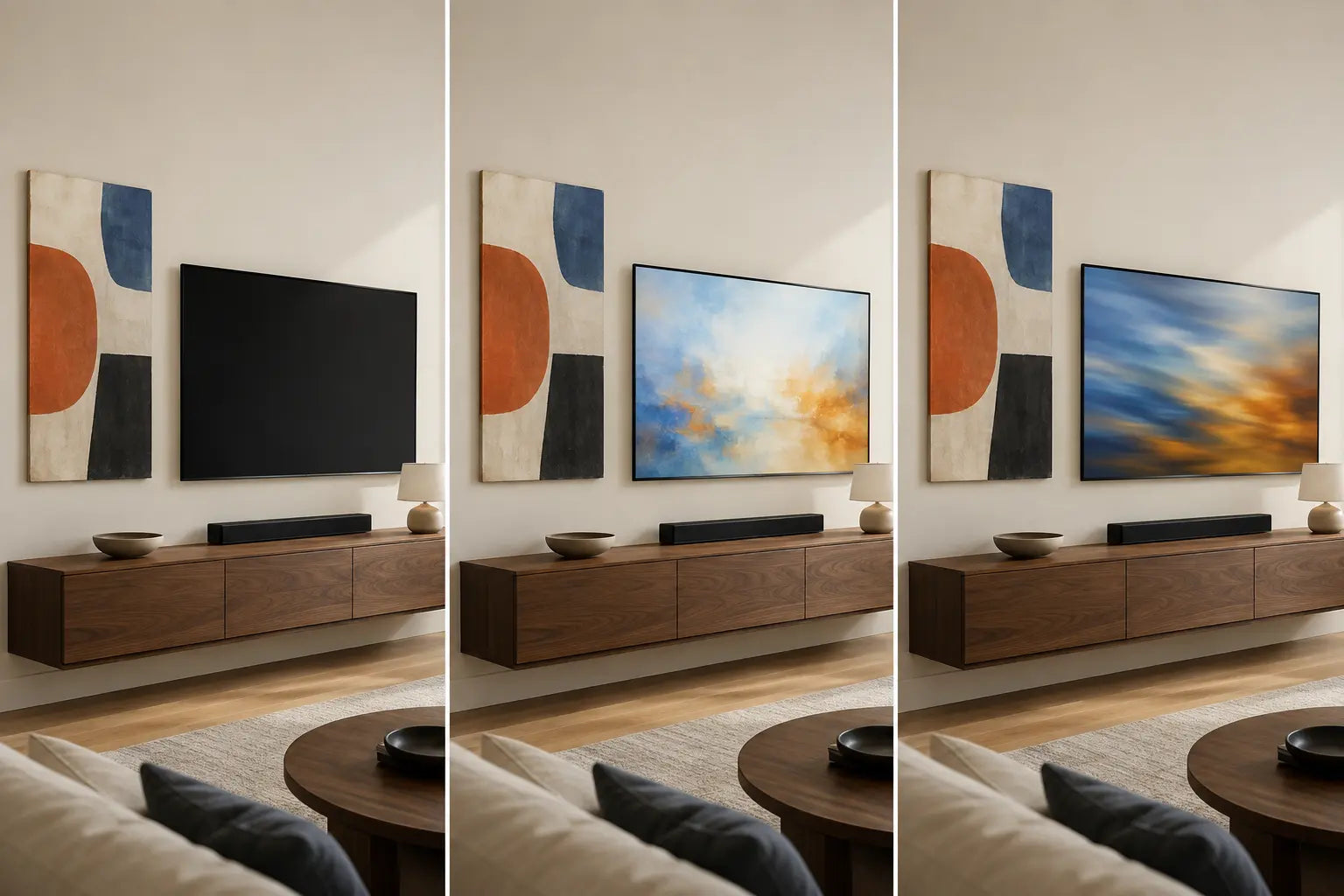 Matched media-wall views showing the same canvas beside a television that is off, bright and showing abstract motion
