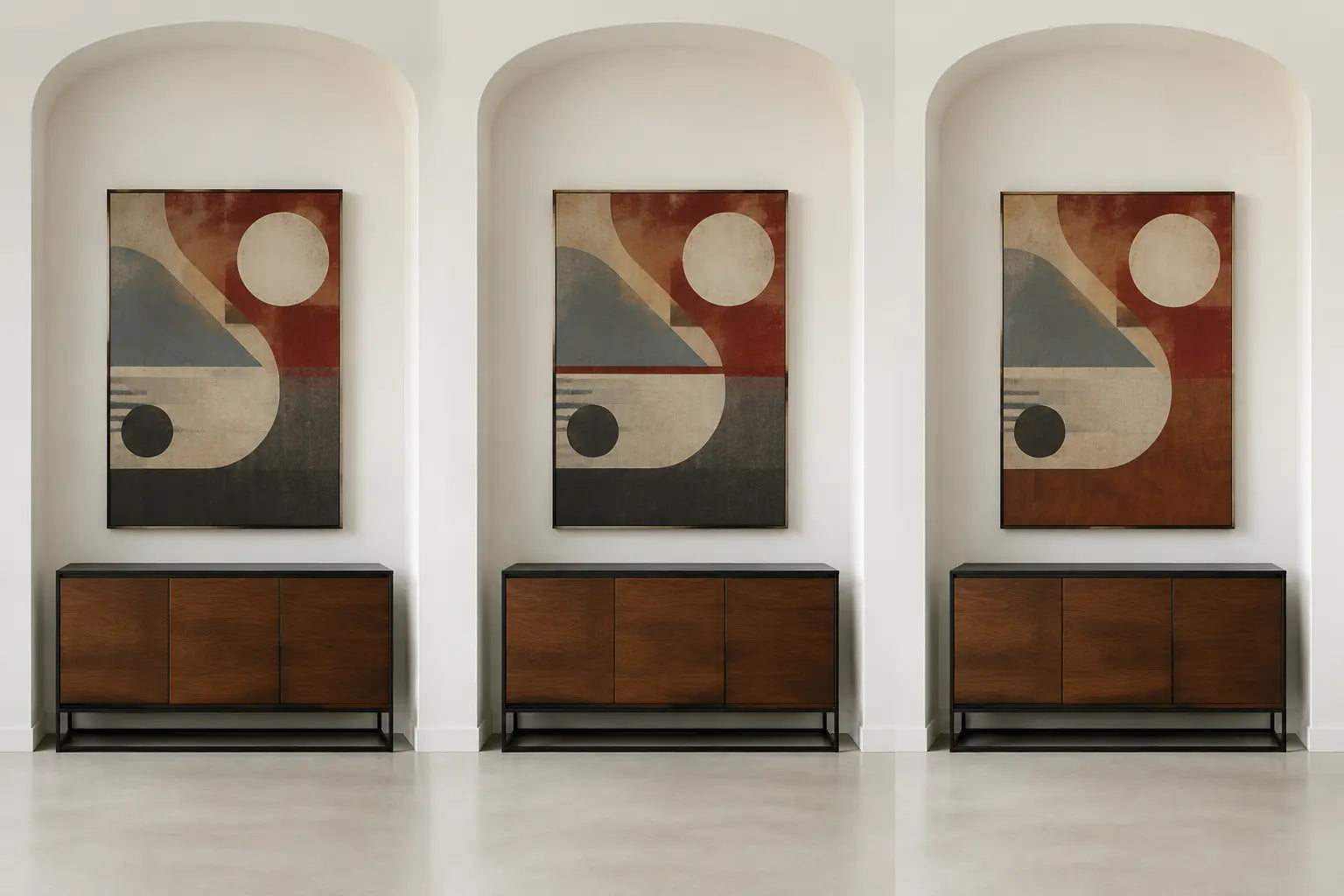 Three matched modern credenza bays use similar invented vintage graphics to test a dark-value contact, a horizontal-line contact, and a warm wood-color contact