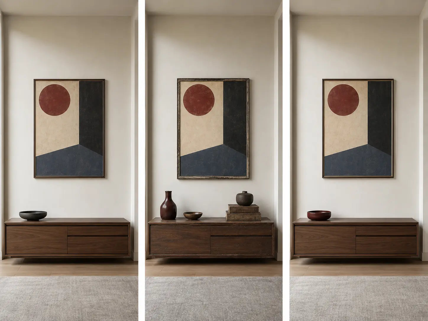 Three matching modern console bays compare a weak era connection, an over-themed vintage presentation, and an edited installation with one restrained color contact