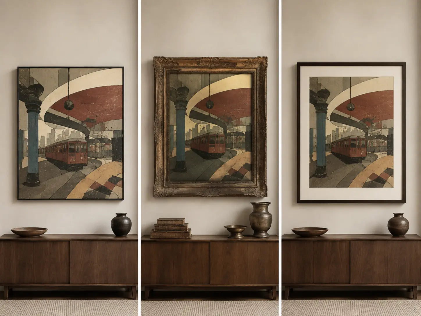 Three matched wall bays show one invented vintage-looking transit image in a clean frame, an ornate over-signaled presentation, and a simple matted modern presentation