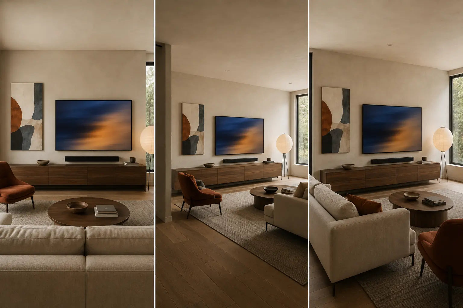 The same accepted canvas and television relationship viewed from the main seat, entry route and opposite side