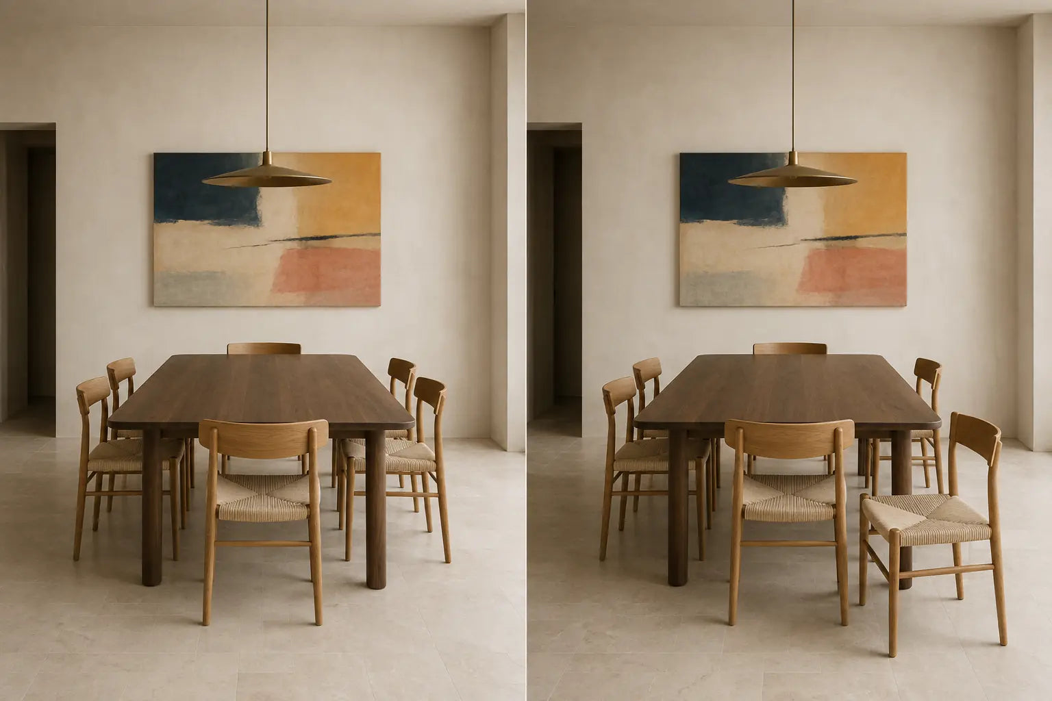Controlled diptych of the same dining room with one near-side chair tucked in and pulled out while the wall art remains fixed