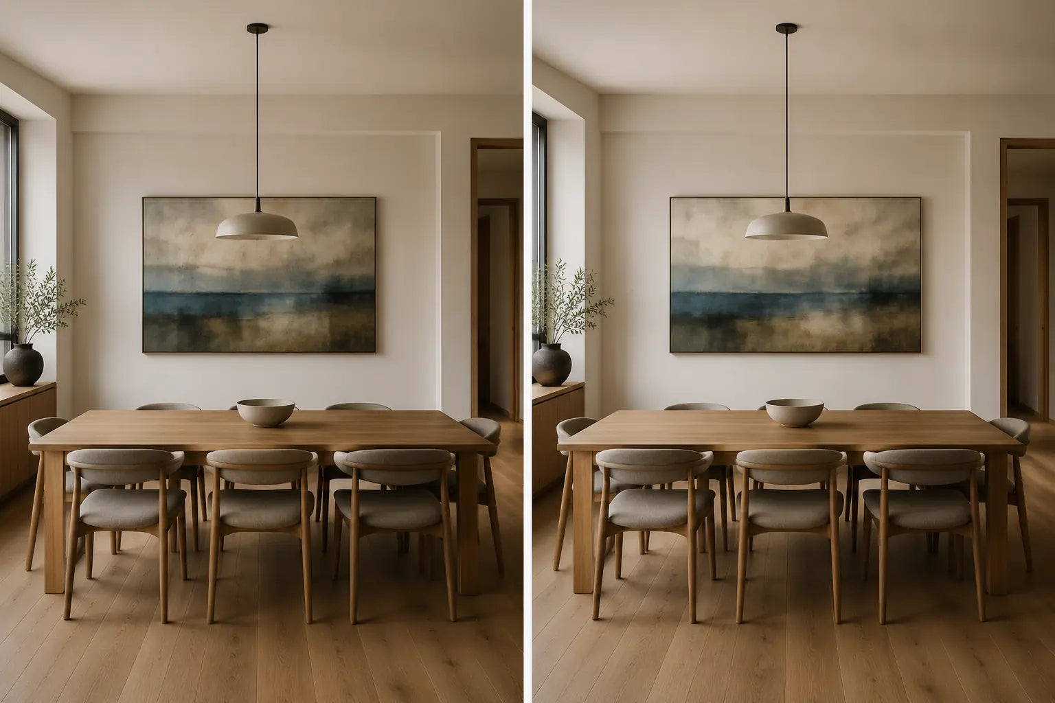 Controlled diptych with the same dining-room canvas centered on the table axis and shifted toward the usable wall-bay axis