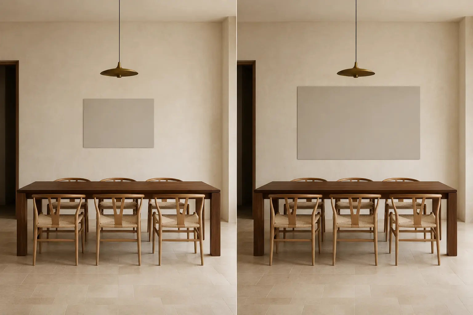 Controlled diptych of compact and generous blank landscape artwork templates above the same dining table
