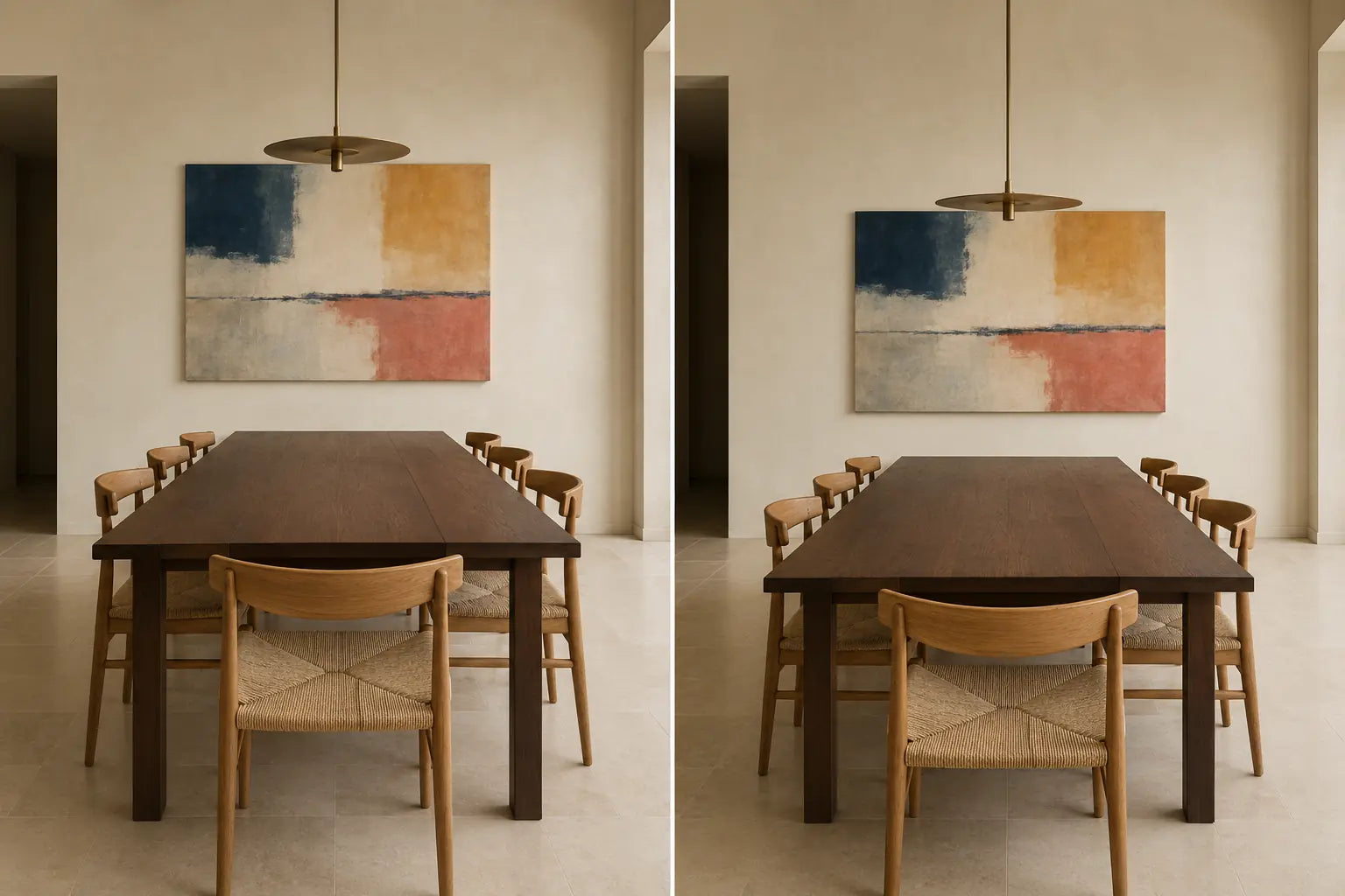 Controlled diptych of the same dining-table art from standing and seated camera heights at one fixed viewing point
