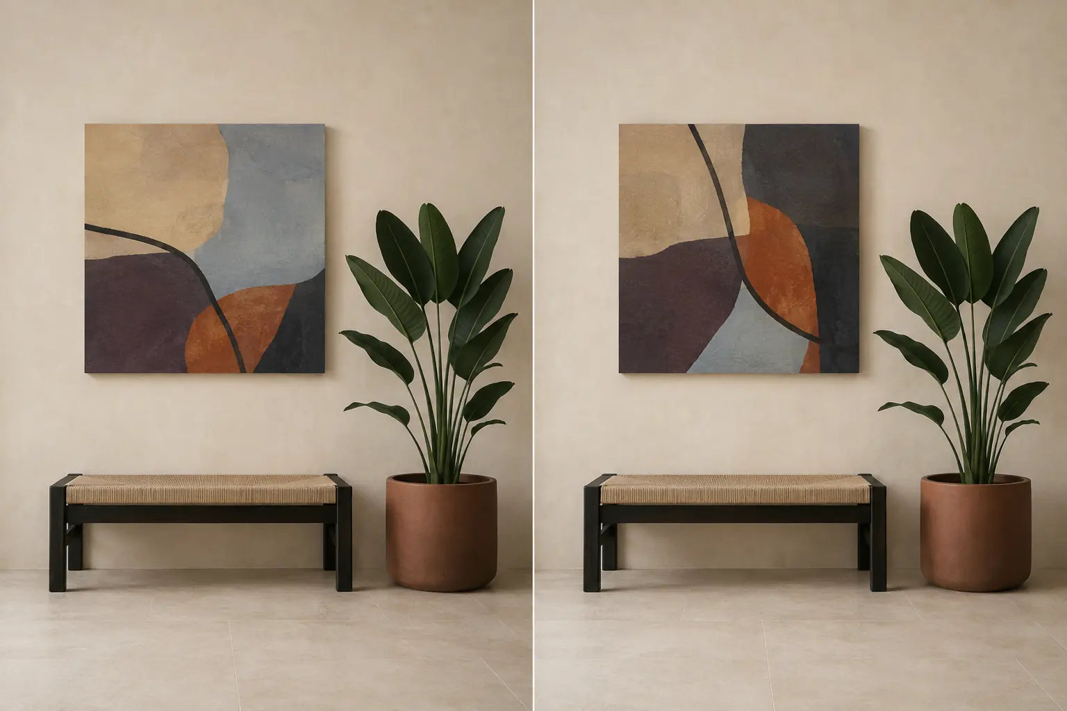 Controlled diptych comparing two abstract directional emphases within the same square footprint beside fixed foliage
