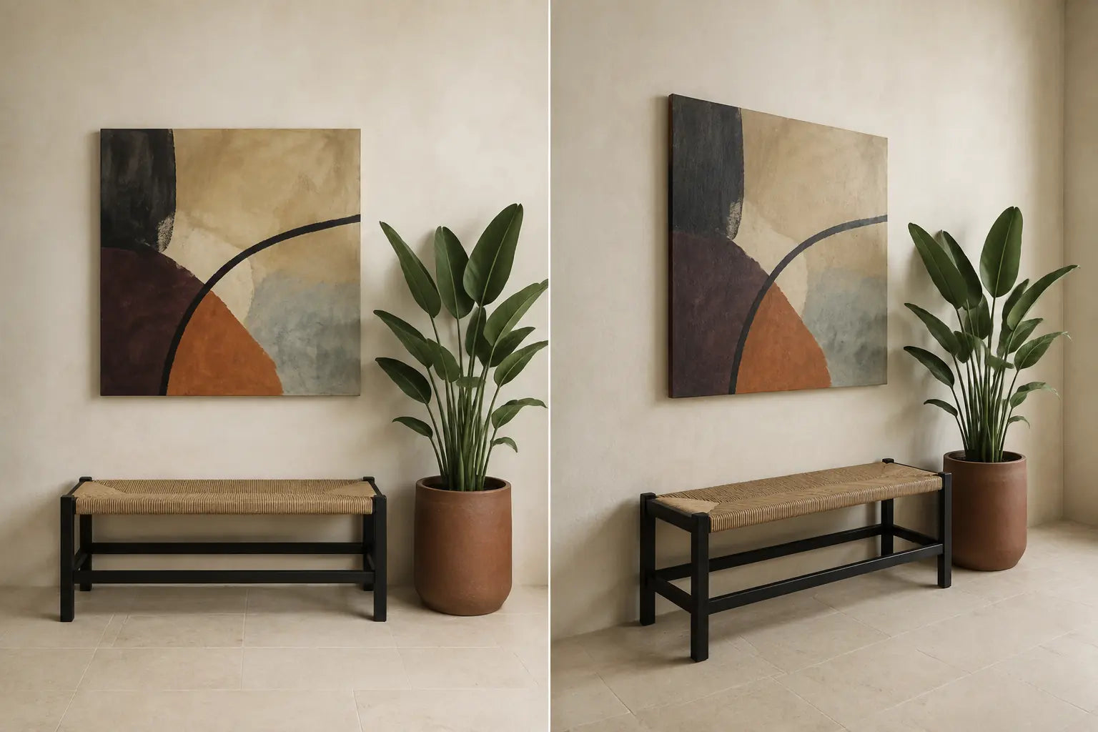Controlled diptych of the same plant-and-canvas wall viewed frontally and from an oblique room approach