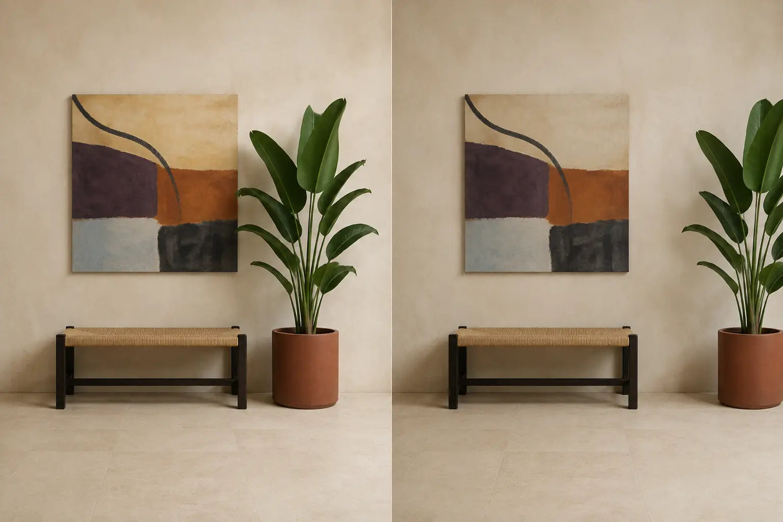 Controlled diptych with the same indoor plant close to the canvas field and shifted to preserve open wall