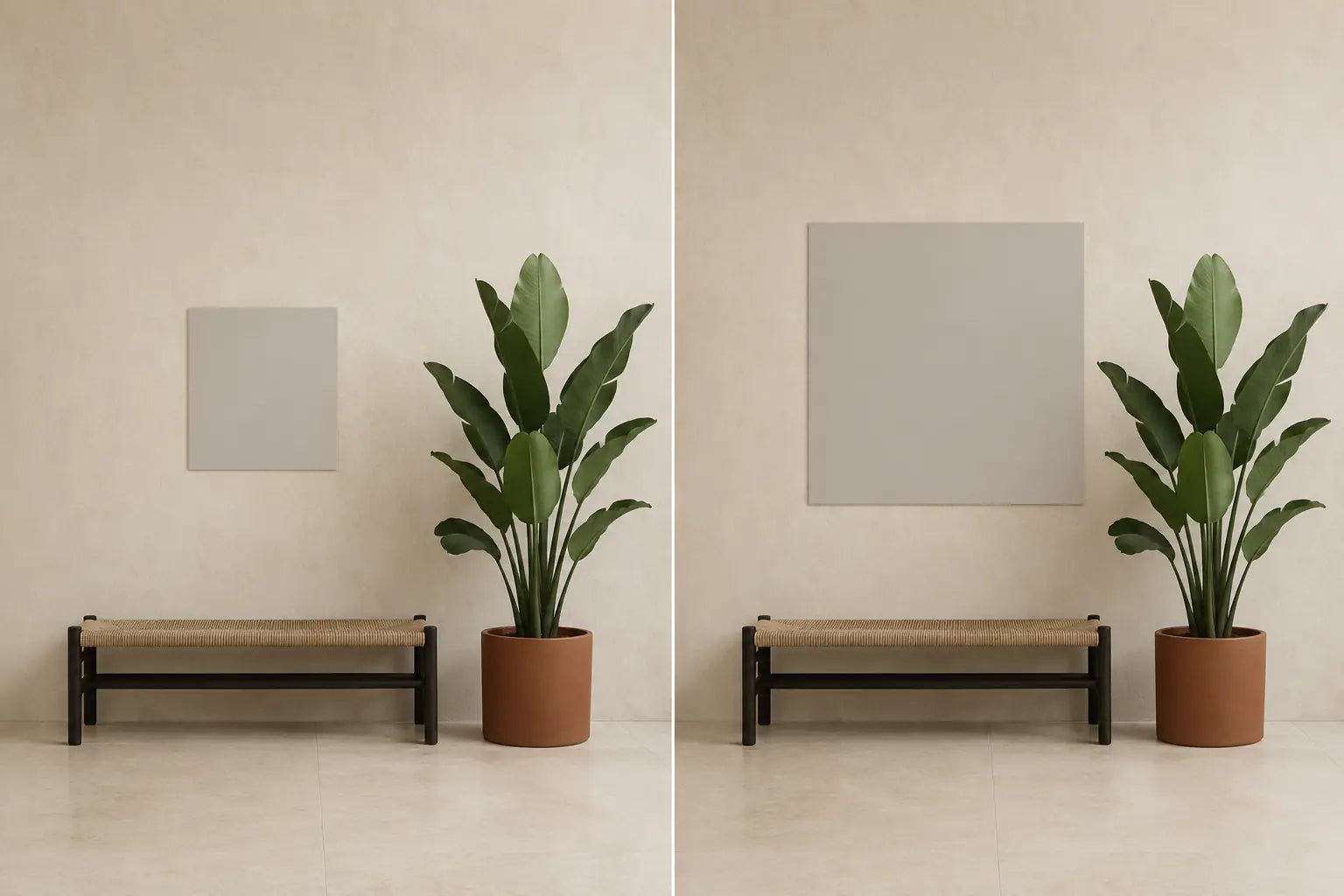 Controlled diptych with compact and generous blank square artwork templates beside the same indoor plant