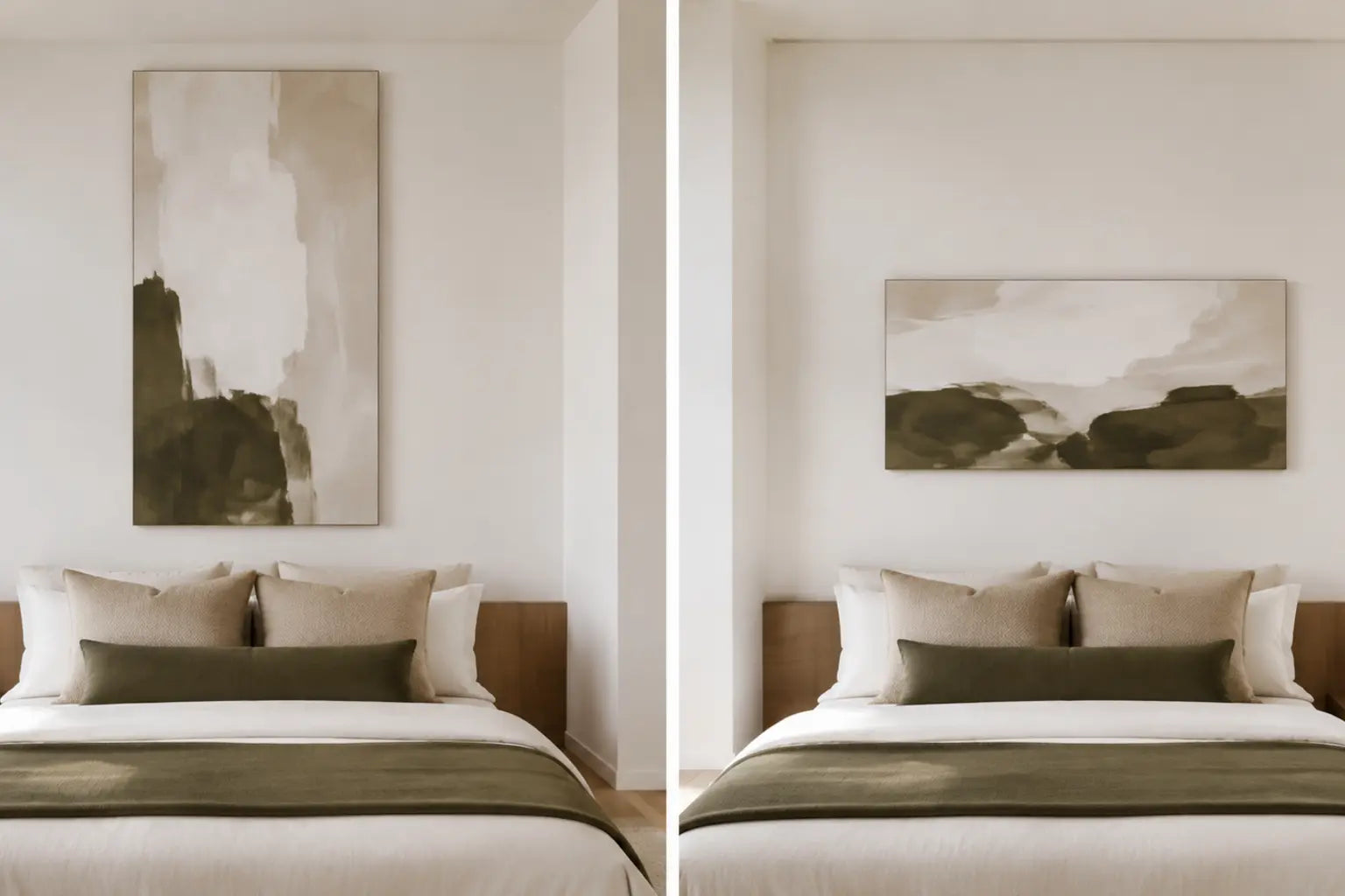 Matched low-ceiling bedrooms comparing a tall canvas pinched near the ceiling with a horizontal canvas inside a clear wall envelope