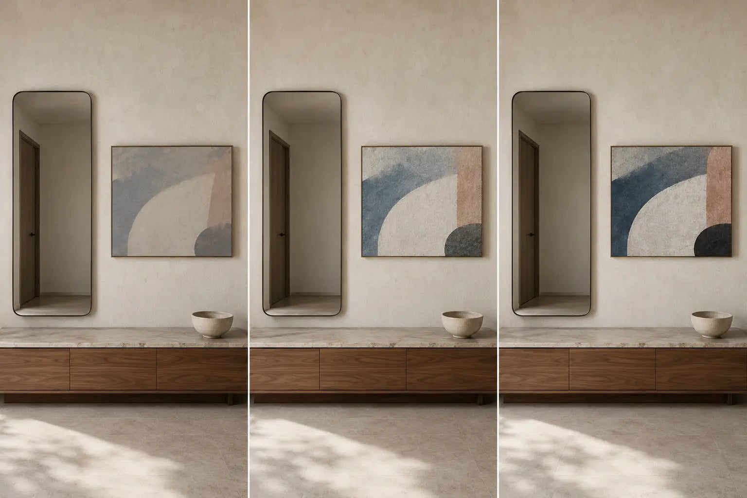 Controlled triptych of one mirror and canvas arrangement with only the canvas tonal contrast changing across three views