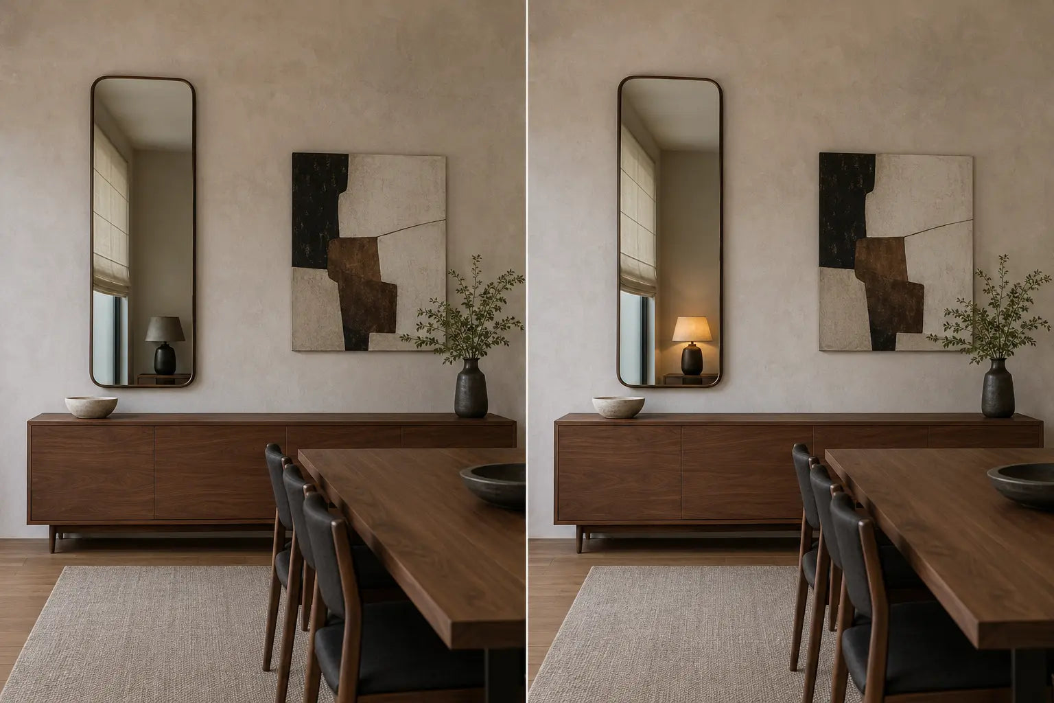 Controlled diptych of one fixed canvas and mirror wall with the same reflected lamp switched off and on