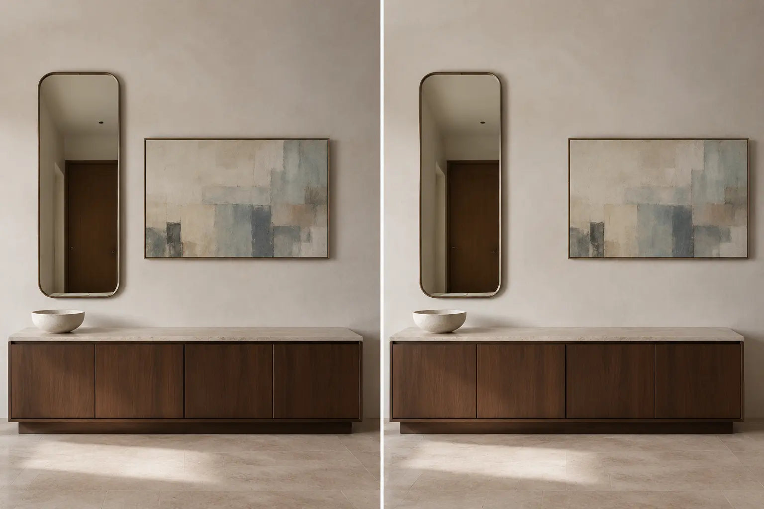 Controlled diptych showing the same canvas at closer and wider horizontal offsets from one fixed mirror