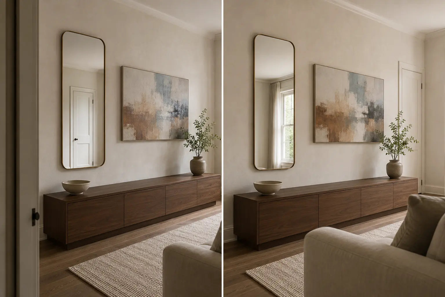 Controlled comparison of one fixed art and mirror wall from two route viewpoints with different reflected room crops