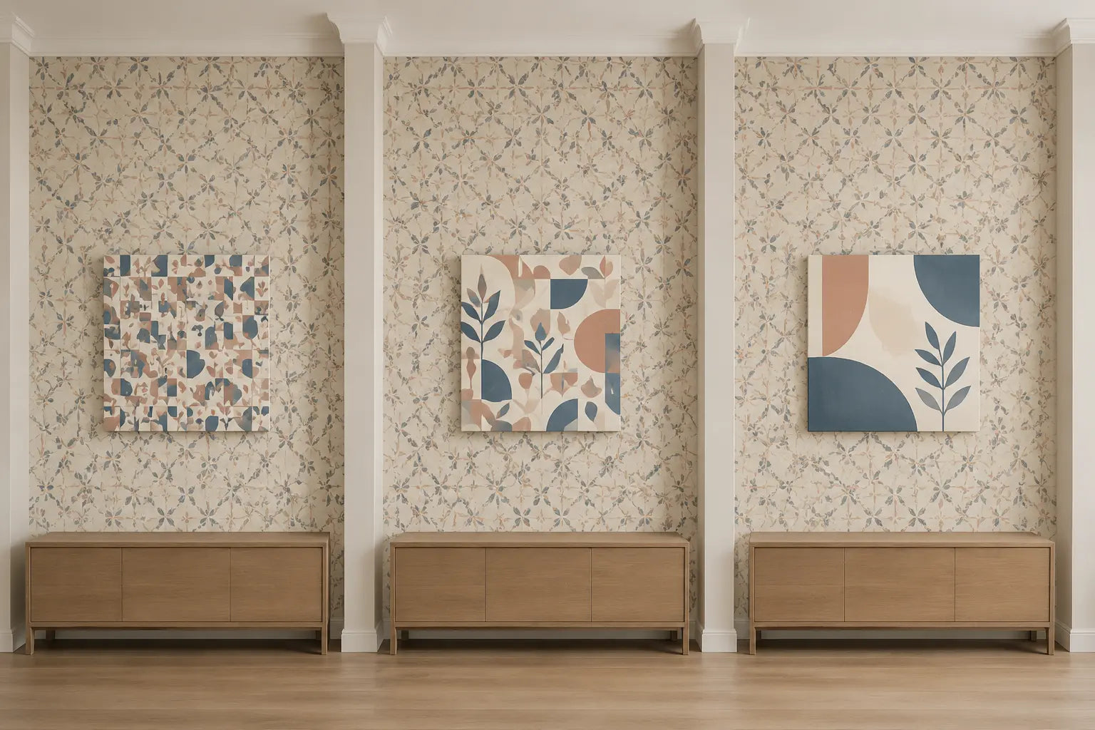 Three equal-size canvases on identical patterned wallpaper showing insufficient, moderate, and decisive artwork scale gaps