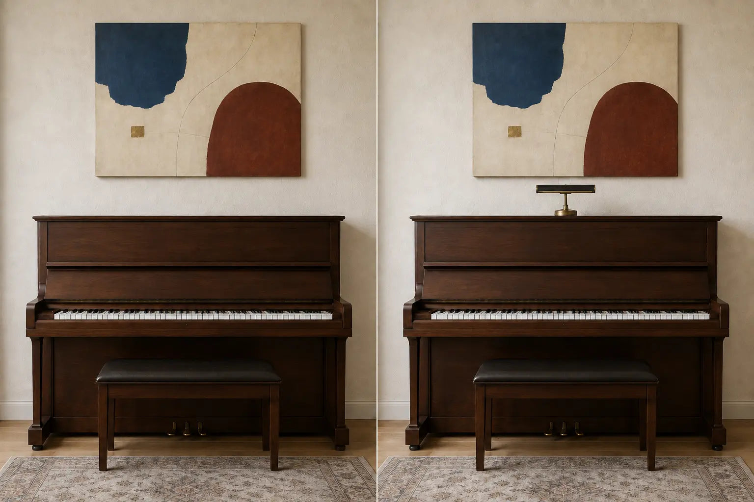 Controlled diptych of one fixed piano wall while only an unlit piano-top lamp is absent or present