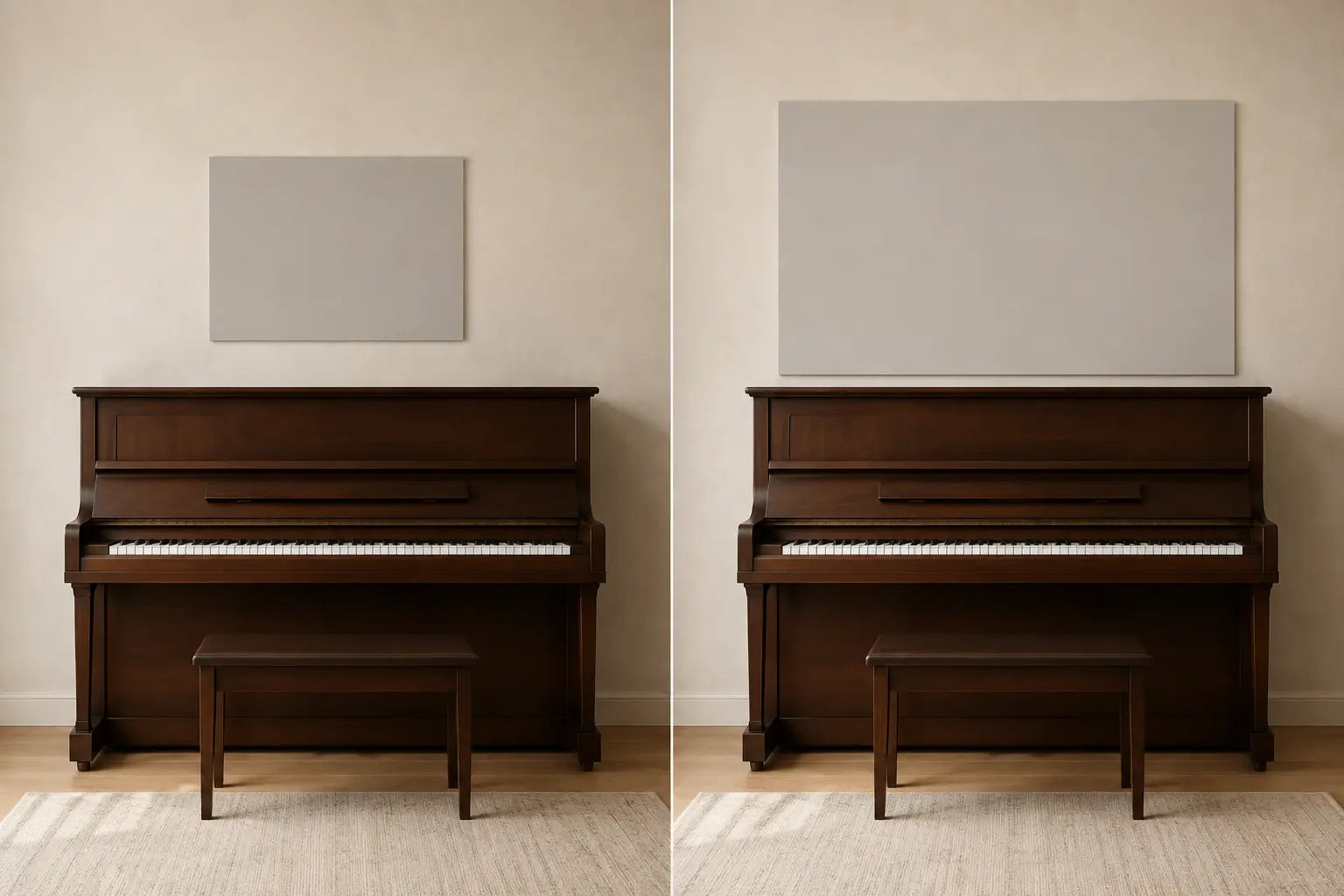 Controlled diptych of one fixed piano wall while only the blank paper-template footprint changes