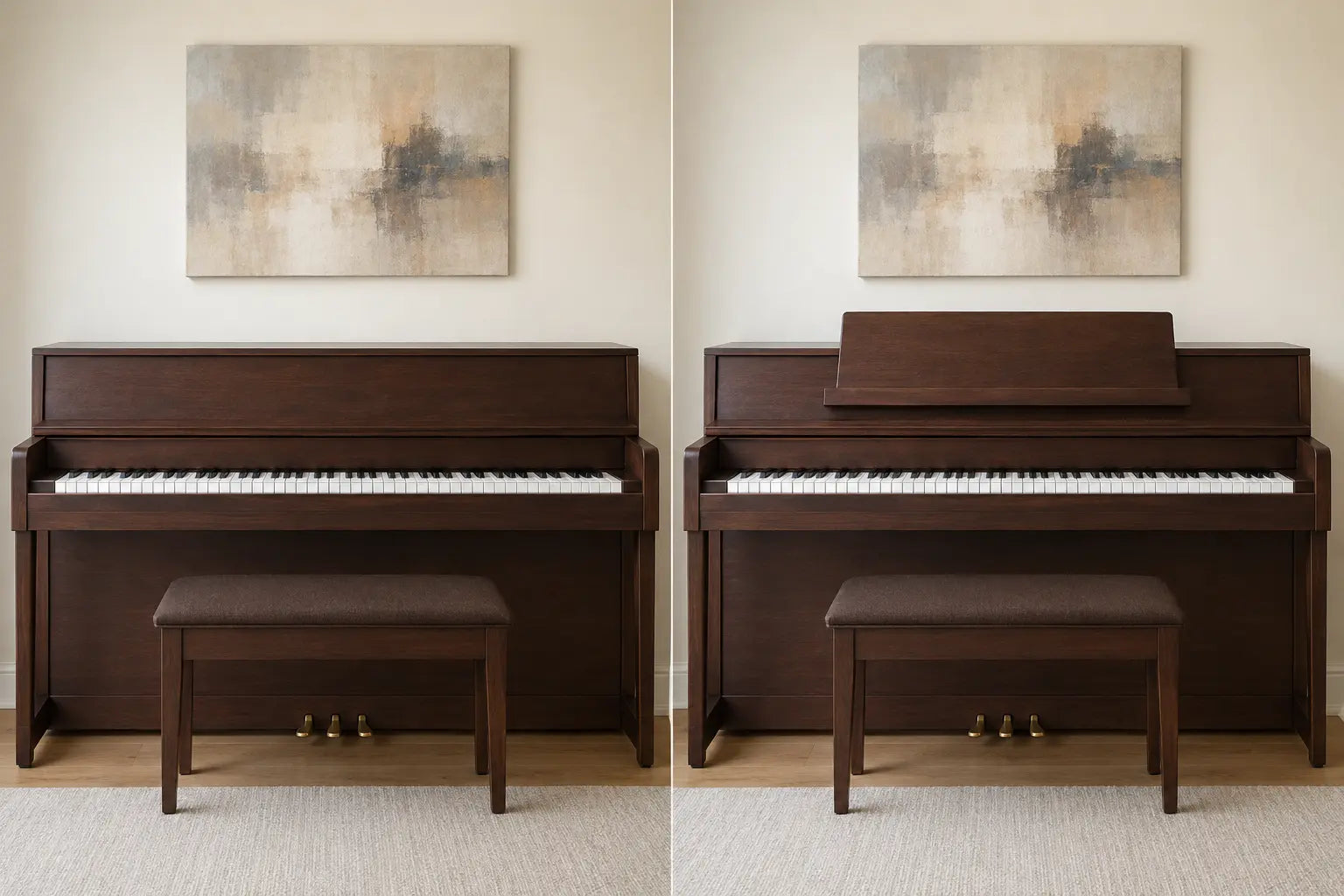 Controlled diptych of one fixed piano wall while only the integrated music rest is folded or raised