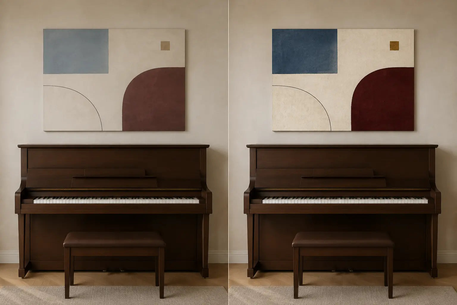 Controlled diptych with one fixed piano and canvas while only the artwork’s tonal contrast changes