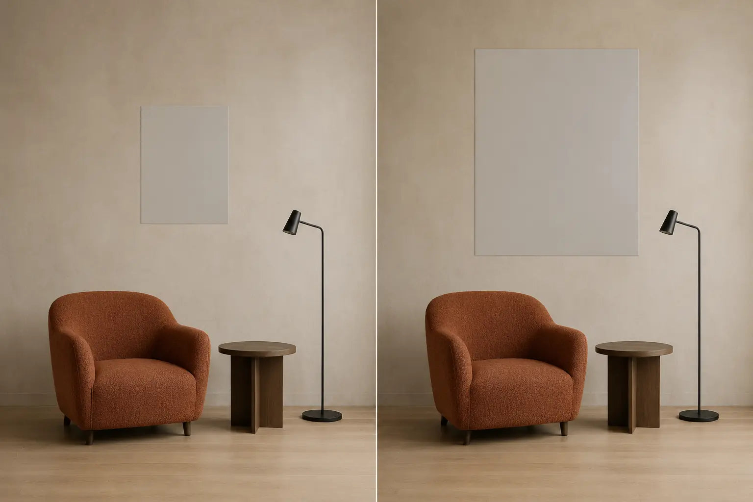Controlled diptych of compact and generous blank vertical artwork templates centered over the same reading nook