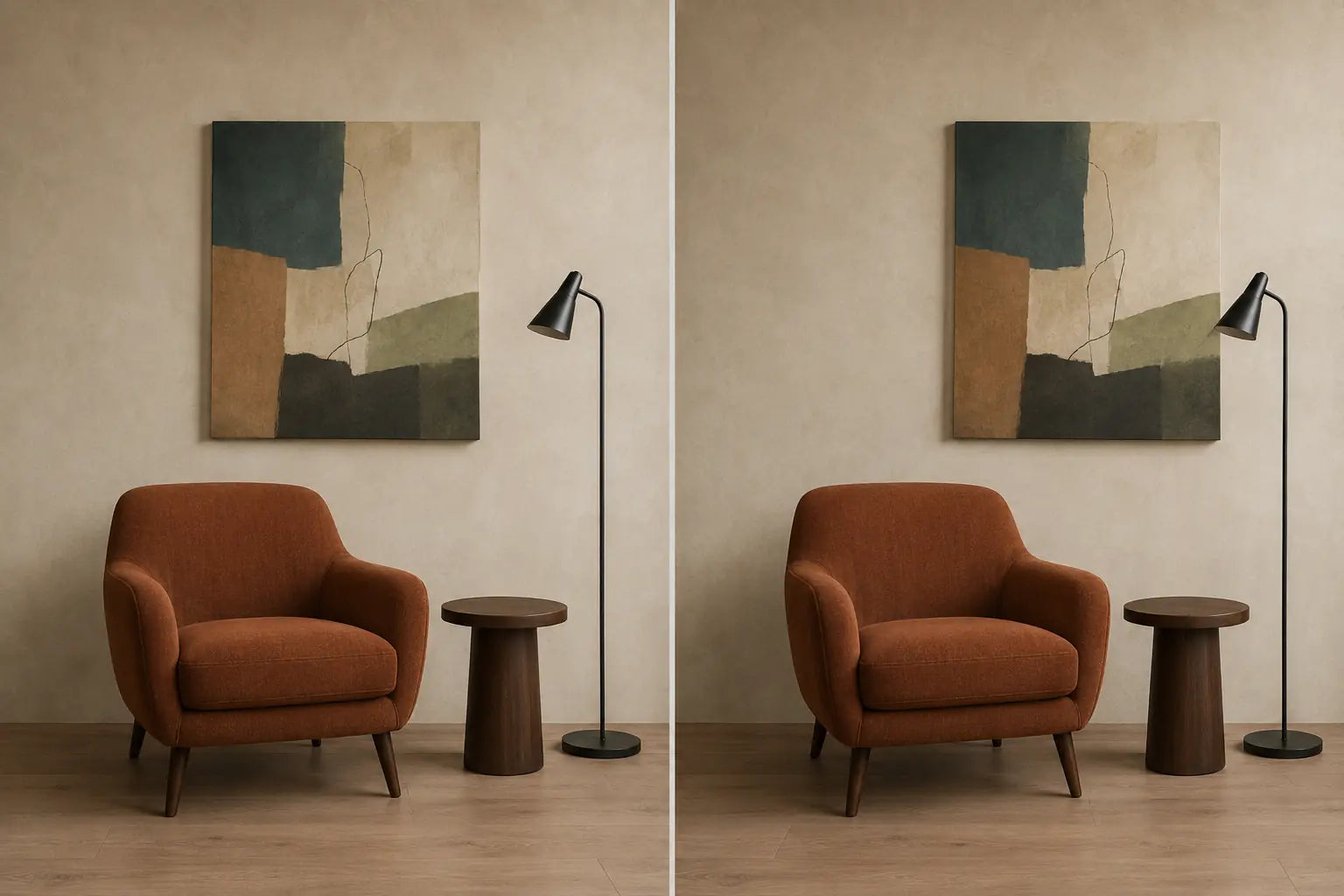 Controlled diptych of the same reading nook with the canvas registered over the chair and over the complete furniture group