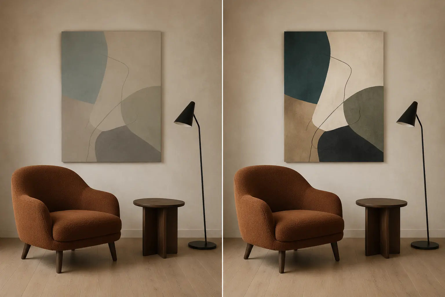 Controlled diptych of the same reading-nook canvas with compressed and expanded tonal contrast