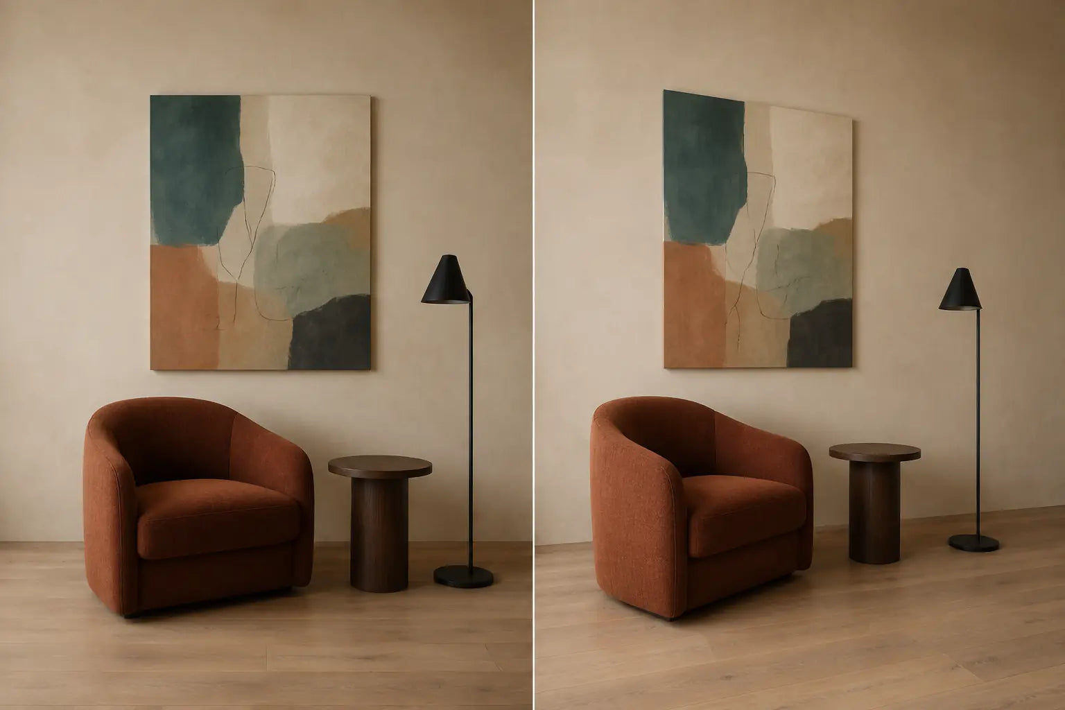 Controlled diptych of the same reading nook from a near-frontal room entry and an oblique across-room view