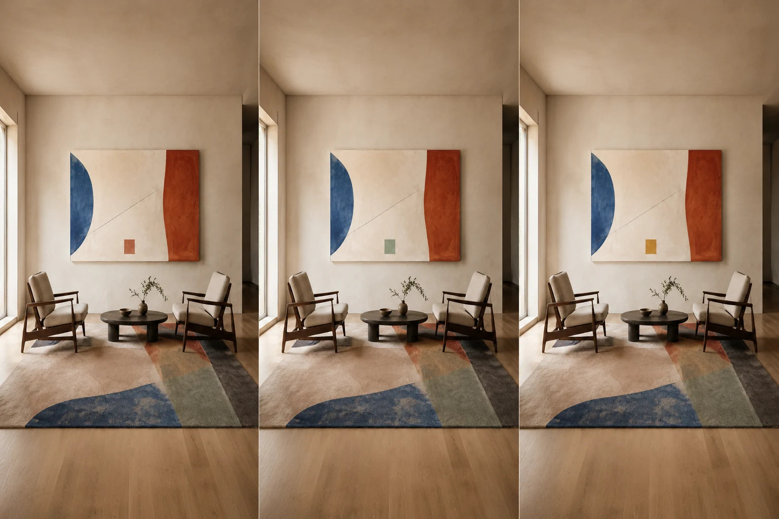 Controlled triptych with one fixed rug and canvas while only one small canvas accent changes hue