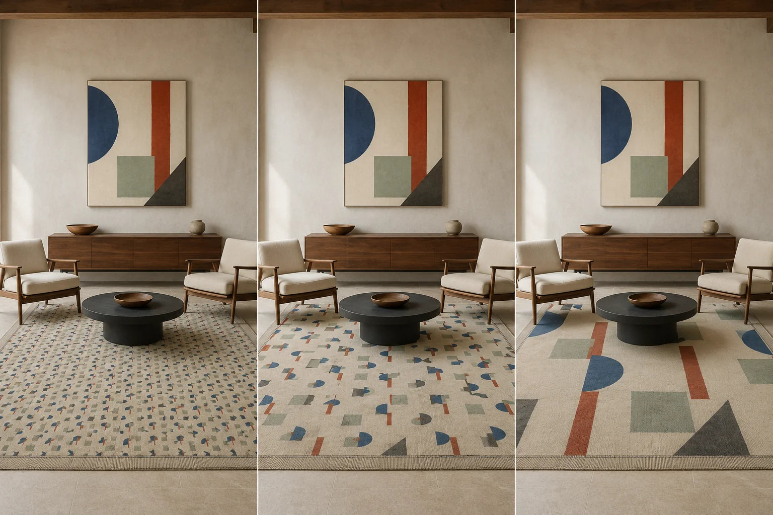 Controlled triptych with one fixed canvas and rug while only the rug motif scale changes