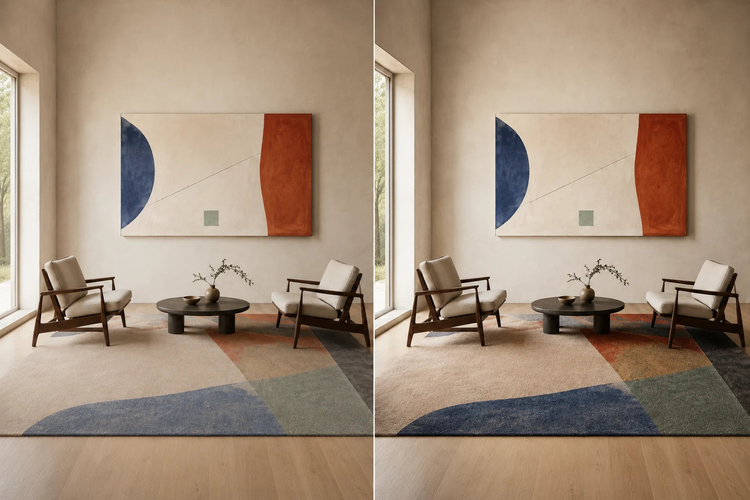 Controlled diptych with one fixed canvas and rug while only the rug's tonal contrast changes
