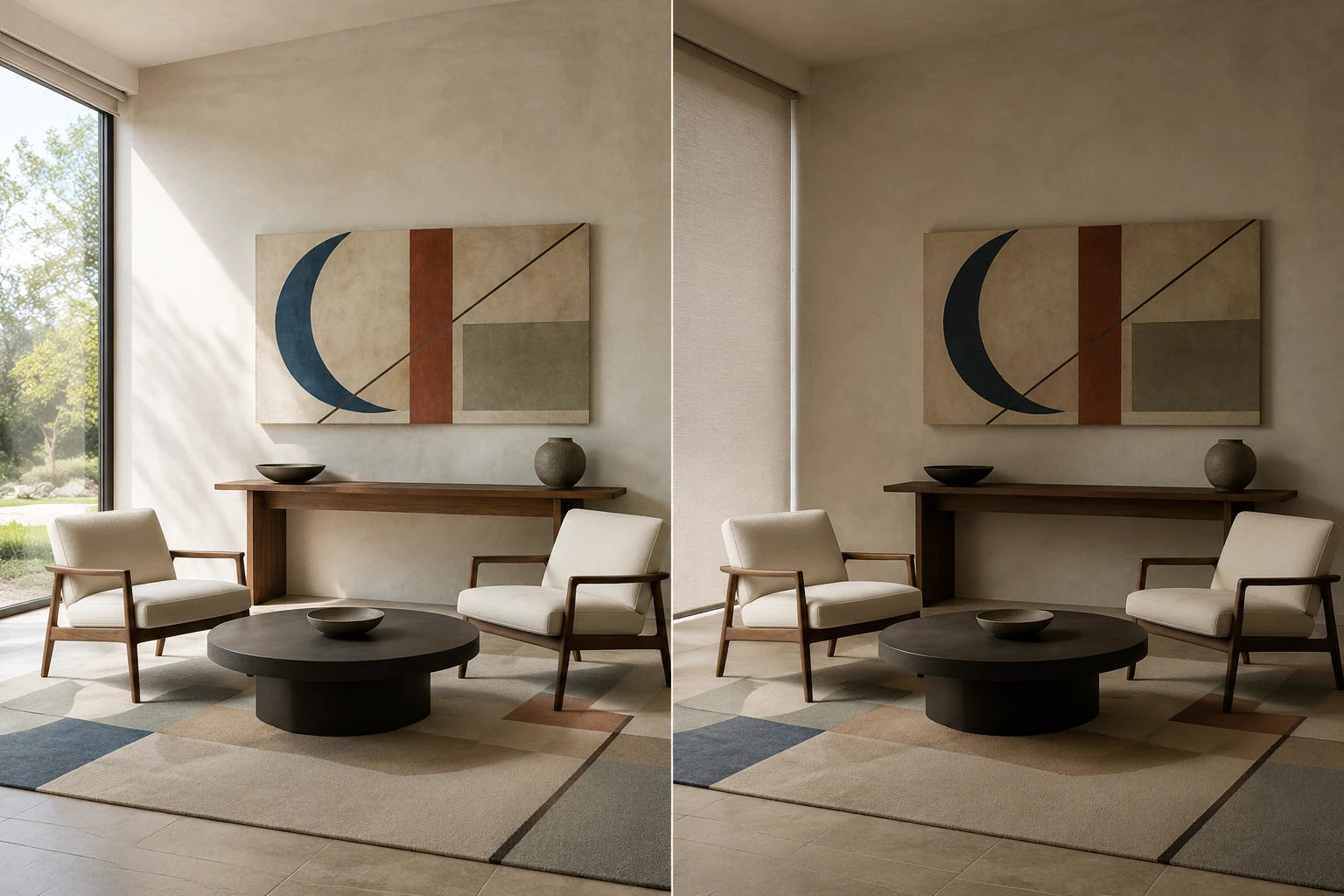 Controlled diptych of one fixed art-and-rug pairing with only the side-window roller shade raised and lowered