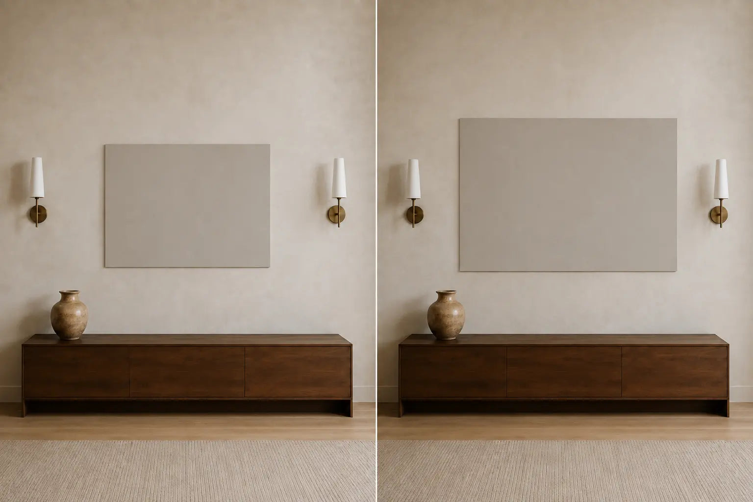 Controlled diptych of compact and broad blank horizontal artwork templates centered between the same two wall sconces