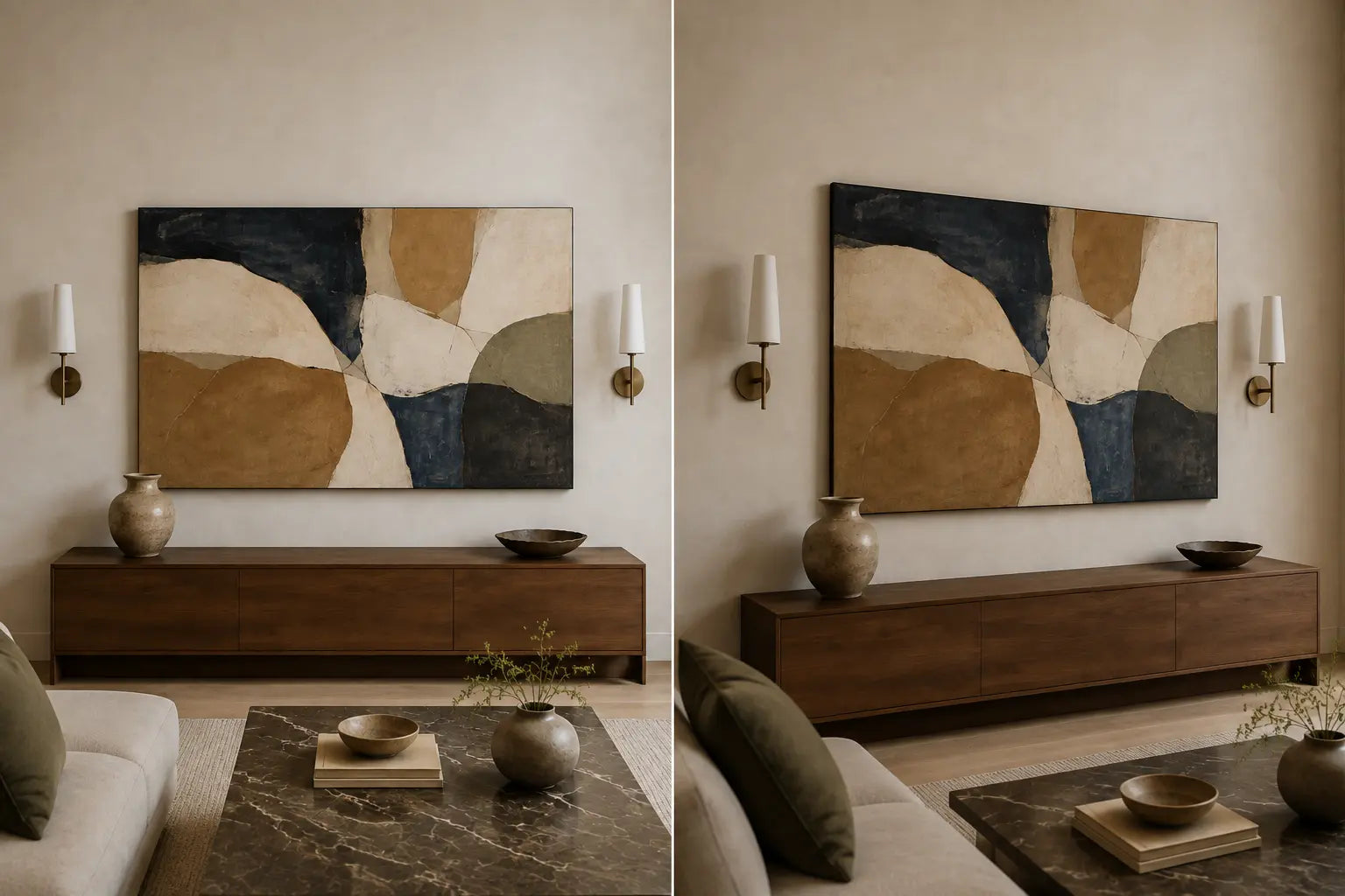 Controlled diptych of the same abstract canvas and paired sconces from a near-frontal room view and an oblique approach