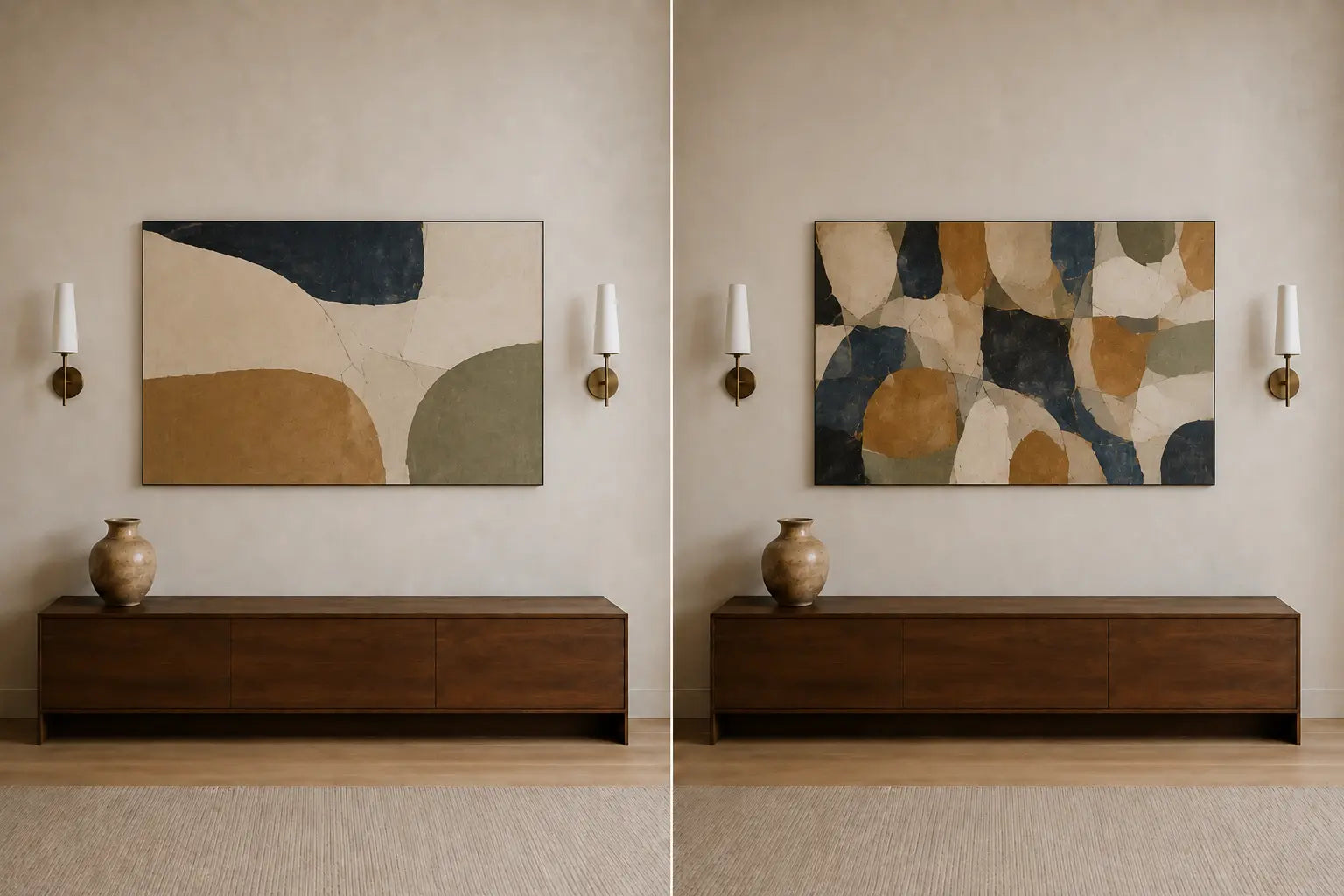 Controlled diptych of the same canvas footprint and wall sconces while only the artwork's internal shape density changes