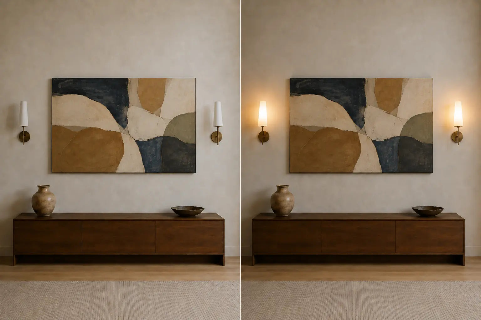 Controlled diptych of the same abstract canvas wall with both matching sconces switched off and then on