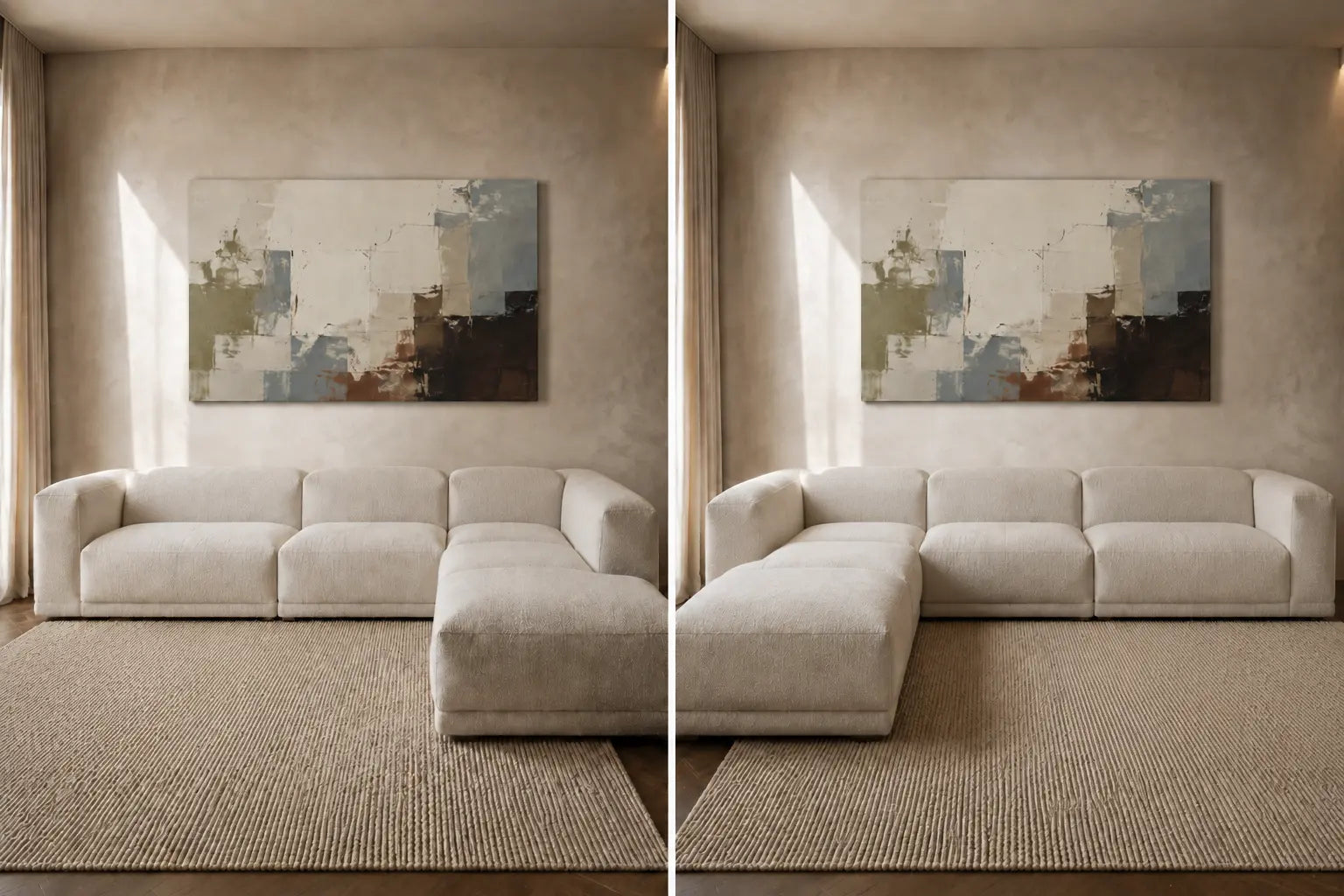Controlled diptych of one fixed canvas wall with only the sectional chaise changing from the right end to the left end