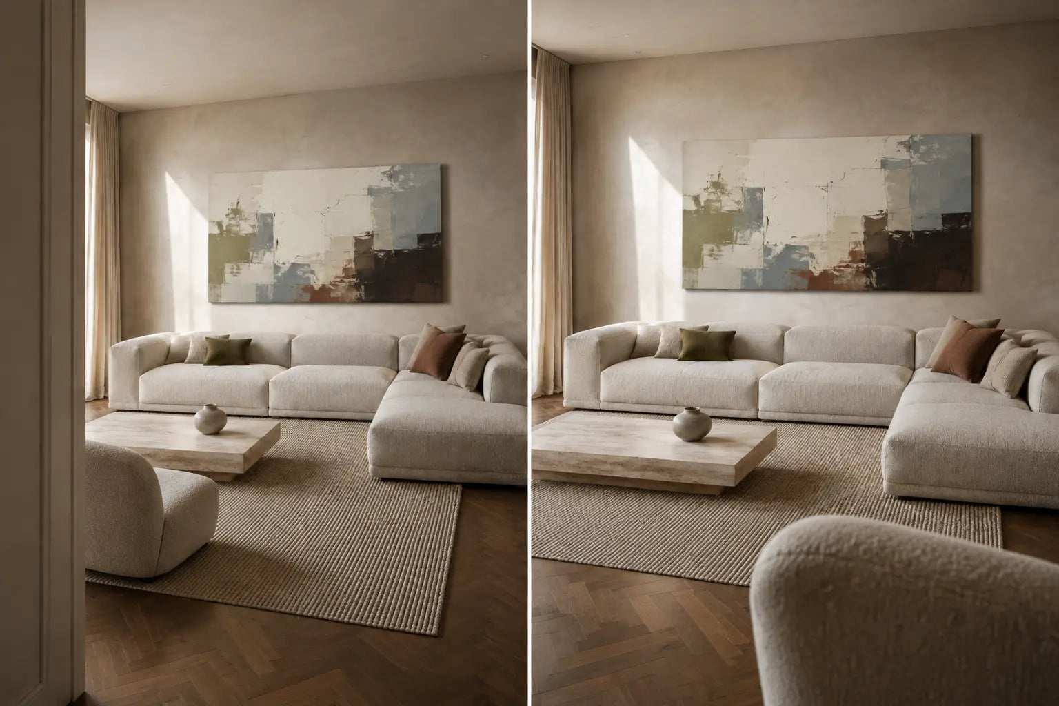 Controlled comparison of one fixed sectional and canvas wall from a doorway approach and an opposite seated viewpoint