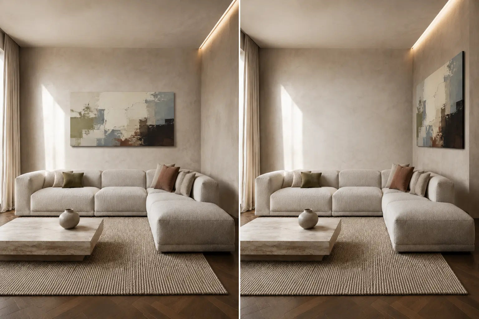 Controlled diptych showing the same canvas assigned to the long sectional wall and then to the adjacent return wall