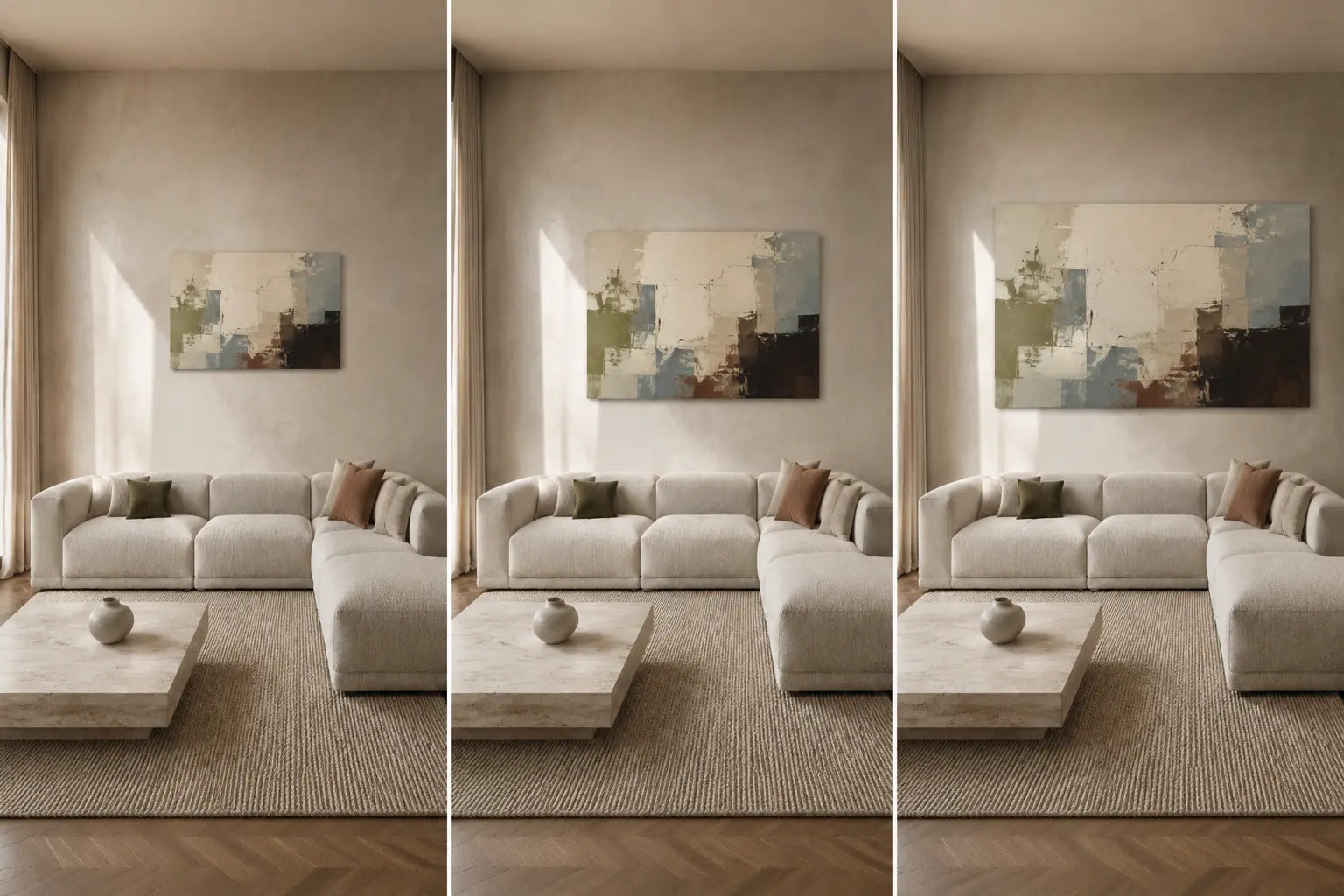Controlled triptych of one sectional wall with only the proportional canvas footprint changing from compact to broad